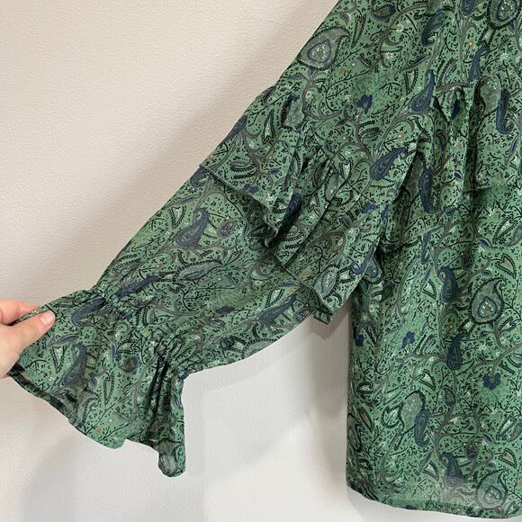 Lucky Brand Blouse 2X Green Paisley Ruffle Sleeve Boho Peasant Top Flowy - Picture 3 of 11